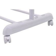 Padded top bar for hanging clothes with white caster wheels on the base