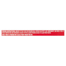 Dog food pouch back panel, red feeding instructions label strip