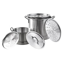 Aluminum tamales steamer set with two pots, perforated inserts, and matching lids