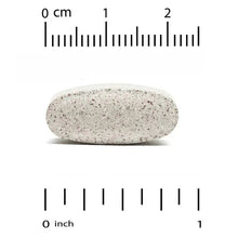 Multivitamin tablet, light gray speckled oval with size markings.