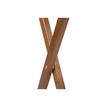 Walnut folding tray table set of 2, close-up of folded X-style wooden frame