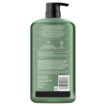 Shampoo bottle back label with ingredient and directions text, green bottle and black cap
