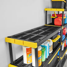 5-tier shelf with black slatted decks and yellow edge tray, holding containers