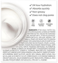 Face moisturizer box panel with 24 hour hydration and ingredient list