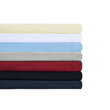 Microfiber bed sheet set color stack: white, blue, gray, red, navy