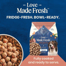 Refrigerated beef recipe dog food pouch beside a bowl of kibble