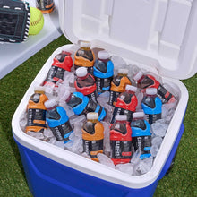Variety pack sports drink bottles in a cooler with ice