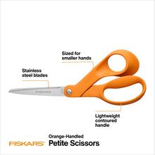 Orange-handled Fiskars petite scissors with stainless steel blades, lightweight