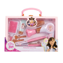 Plastic hair styling tools tote, open tray with pink hairdryer, brush, combs and clips