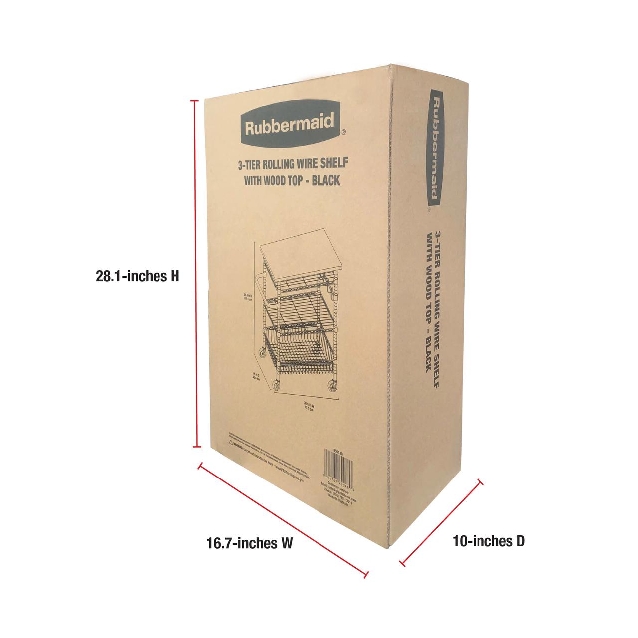 Rubbermaid 3-Tier Heavy Duty Black Rolling Utility Cart with Solid Wood Top, 300lb Capacity