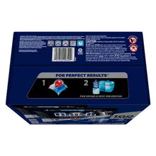 Dishwasher detergent tablets box back, 1 and 2 steps plus caution icons