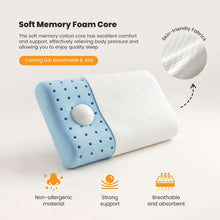 Memory foam pillow with blue cooling gel insert and vent holes under white textured cover