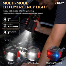 Portable jump starter with multi-mode LED emergency light, steady and SOS glow