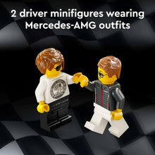 Two LEGO driver minifigures with yellow heads, white shirts, and dark pants