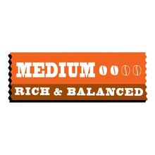 Medium rich and balanced roast coffee bag label