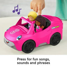 Pink convertible toy car with two seated dolls and one figure being lifted