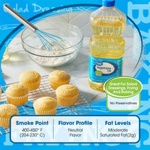 Vegetable oil bottle with back label text: salad, baking, frying and smoke point