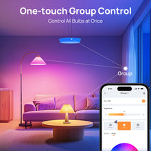 Linkind smart light bulbs controlled in a group, app shown on smartphone