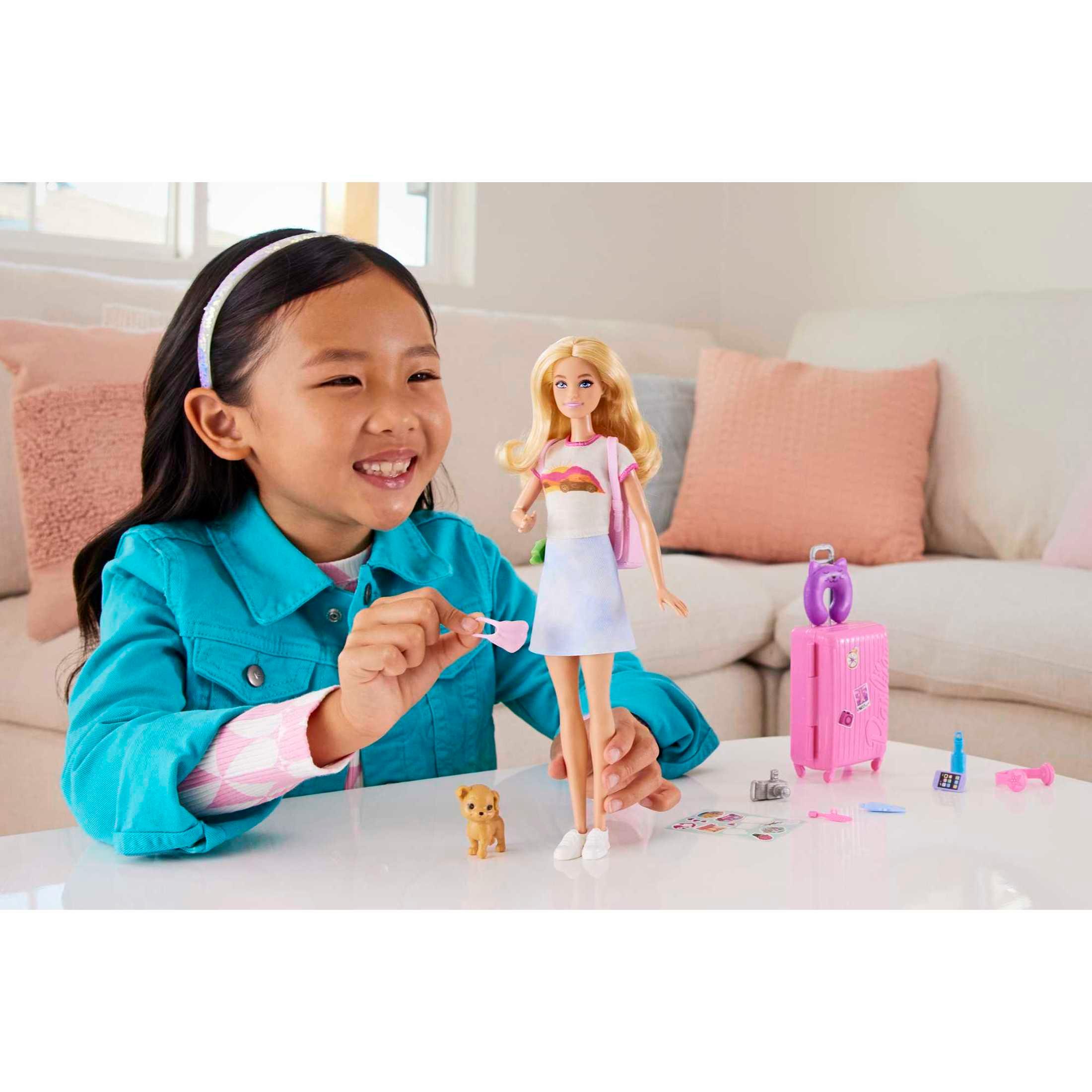 Barbie Doll and Accessories, 'Malibu' Travel Set with Puppy & Working Suitcase, 10+ Pieces - USA MEGA SHOP
