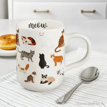 White cat mug with meow text on rim and assorted cat illustrations, side handle