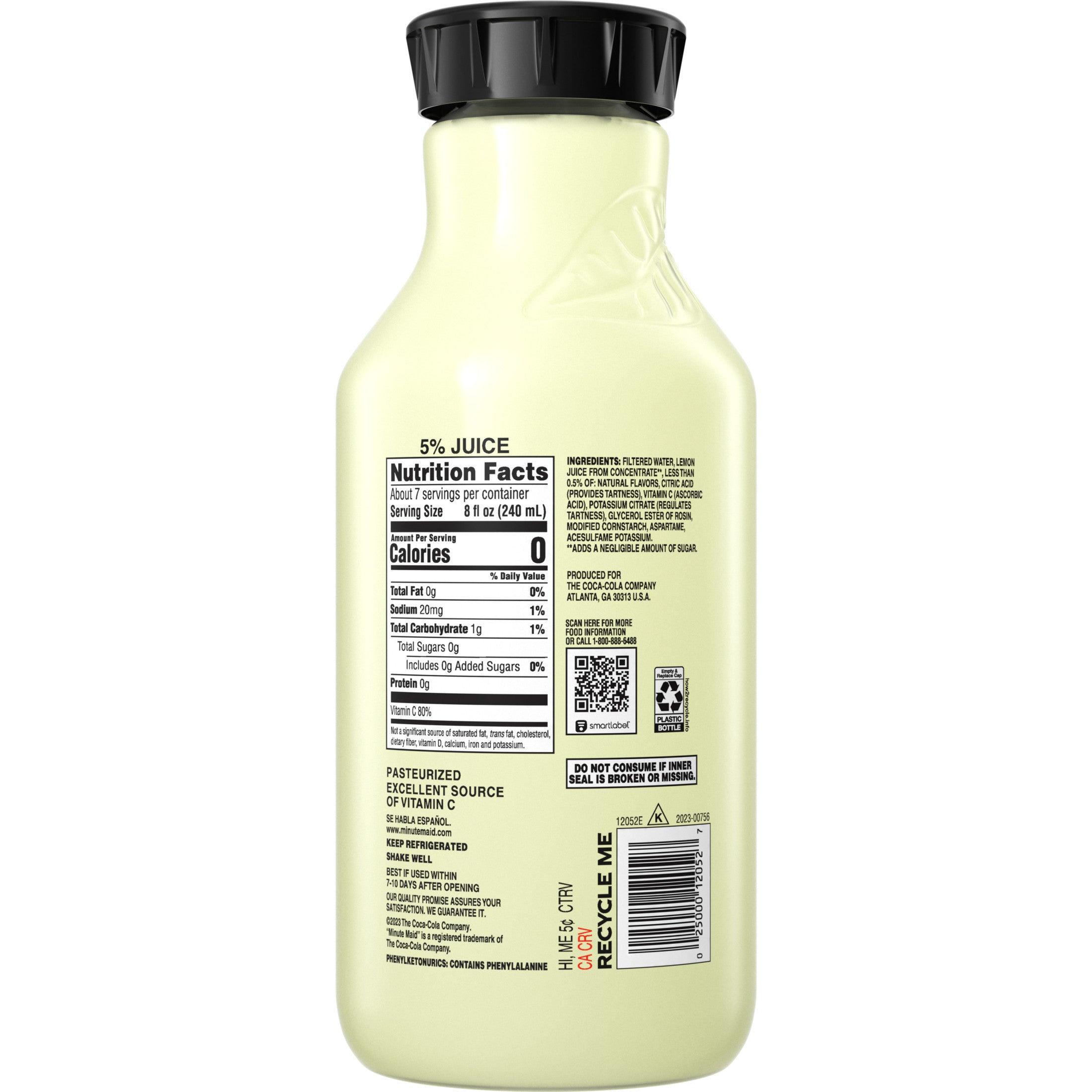 Minute Maid Zero Sugar Lemonade Bottle, 52 fl oz