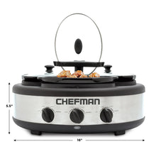Triple slow cooker base with glass lid; 16 in width and 5.5 in height