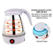 Blue collapsible electric kettle with heating arrows and anti-dry burn diagram.