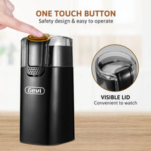 Black electric coffee grinder with one-touch button and visible transparent lid