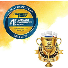 Homeopathic flu products award badge with Pharmacy Times pharmacist recommended cup