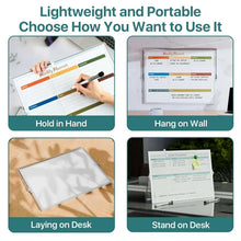 Whiteboard use options: hold in hand, hang on wall, lay on desk, or stand