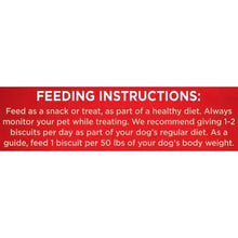 Dog treat package panel showing feeding instructions for snack or treat use