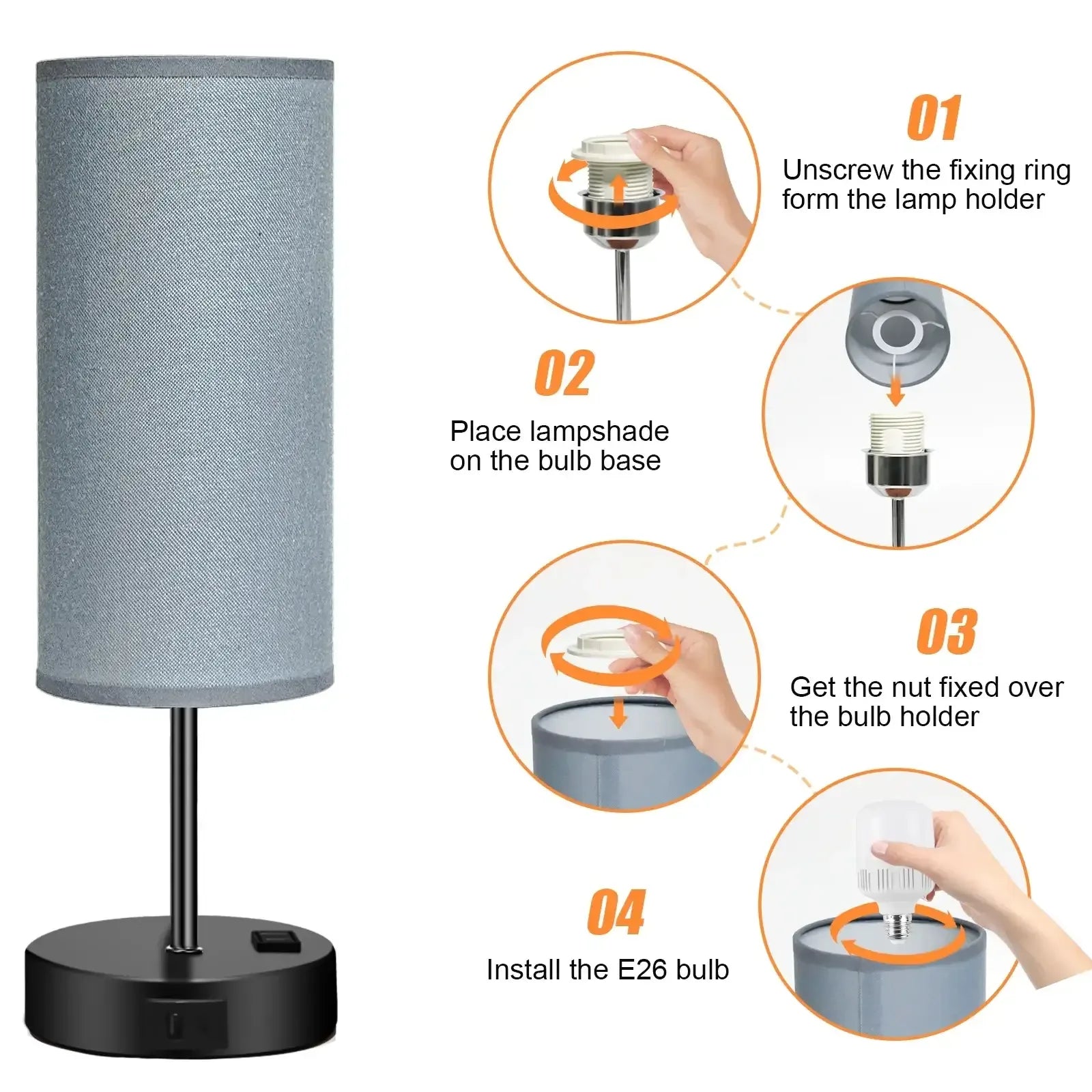 Table Lamps for Bedroom, 3 Way Dimmable Touch Control Bedside Lamp with USB C+A Fast Charging Ports, Nightstand Lamp for Office, Living Room, Reading(E26 Light Bulb Included) - USA MEGA SHOP