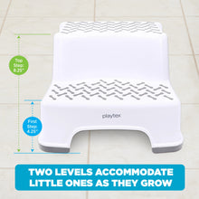 White two-step kids step stool with gray grip-textured treads and wide base