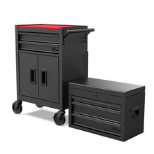 Black steel 5-drawer tool chest with cabinet doors and ball-bearing drawers, on wheels.
