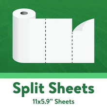 Paper towel roll with split-sheet diagram showing separated sheets