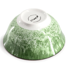 Green porcelain double bowl with speckled glaze and printed base stamp