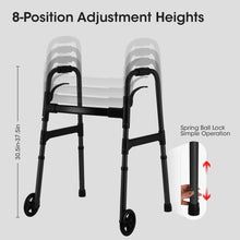 Black height-adjustable folding walker with front wheels and locking legs
