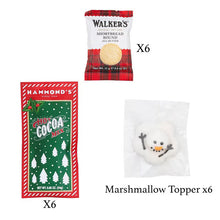 Stocking ornament set contents: six hot cocoa packets, six shortbread cookies, and six snowman marshmallows.