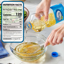 Vegetable oil bottle pouring into a bowl; nutrition facts panel visible on label