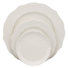 White porcelain bread & butter plates, scalloped embossed pattern, nested stack