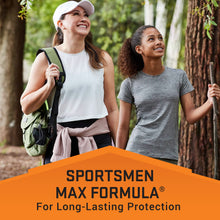 Outdoor hikers with sportsmen max formula banner for long-lasting insect protection