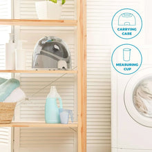 Cordless steam iron with charging base shown on a shelf