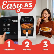 White air fryer on countertop with touch display and panoramic viewing window