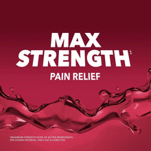 Max Strength pain relief label with stylized red liquid waves graphic