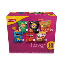 Snack chip variety pack box in purple with 18 snack bags and mixed brand logos