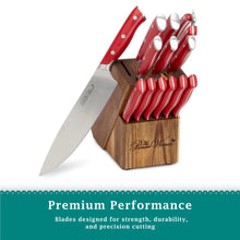 Red-handled stainless steel knife block set on acacia wood block with knives