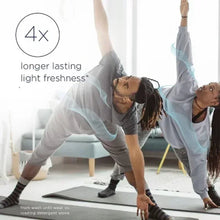 People stretching with a scent booster beads product concept shown as '4X longer lasting'.