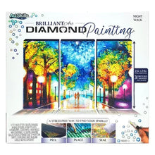 Diamond painting kit with three-panel night walk artwork on canvas, tools and instructions