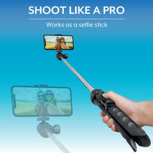 Extendable tripod selfie stick with universal phone holder and wireless remote, black