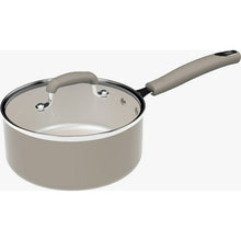 Taupe ceramic nonstick saucepan with glass lid and long handle
